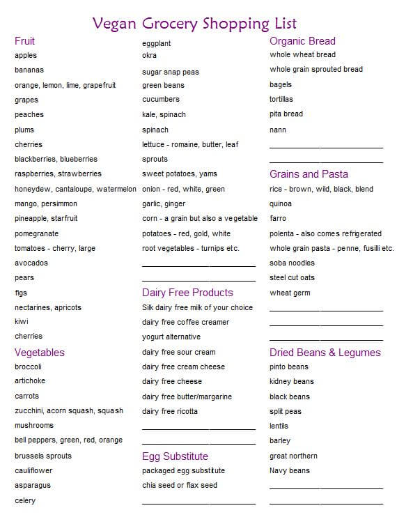 printable vegetarian shopping list