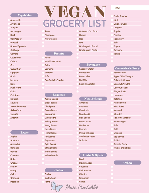 printable vegetarian shopping list