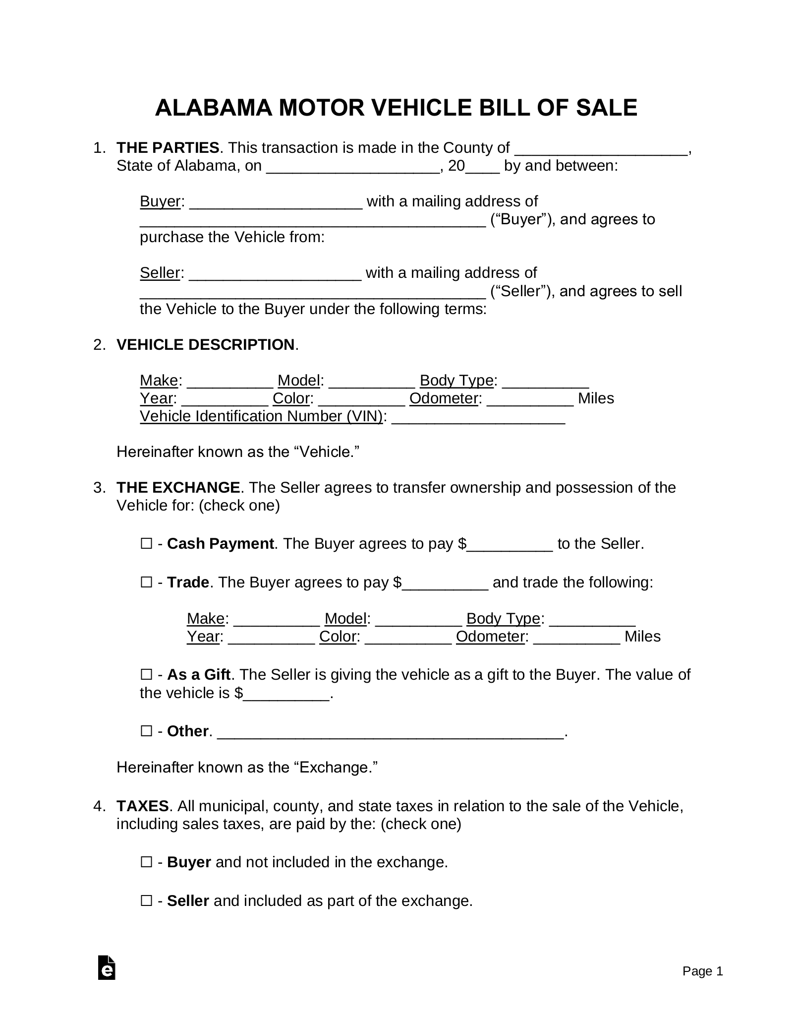 printable vehicle bill of sale for alabama