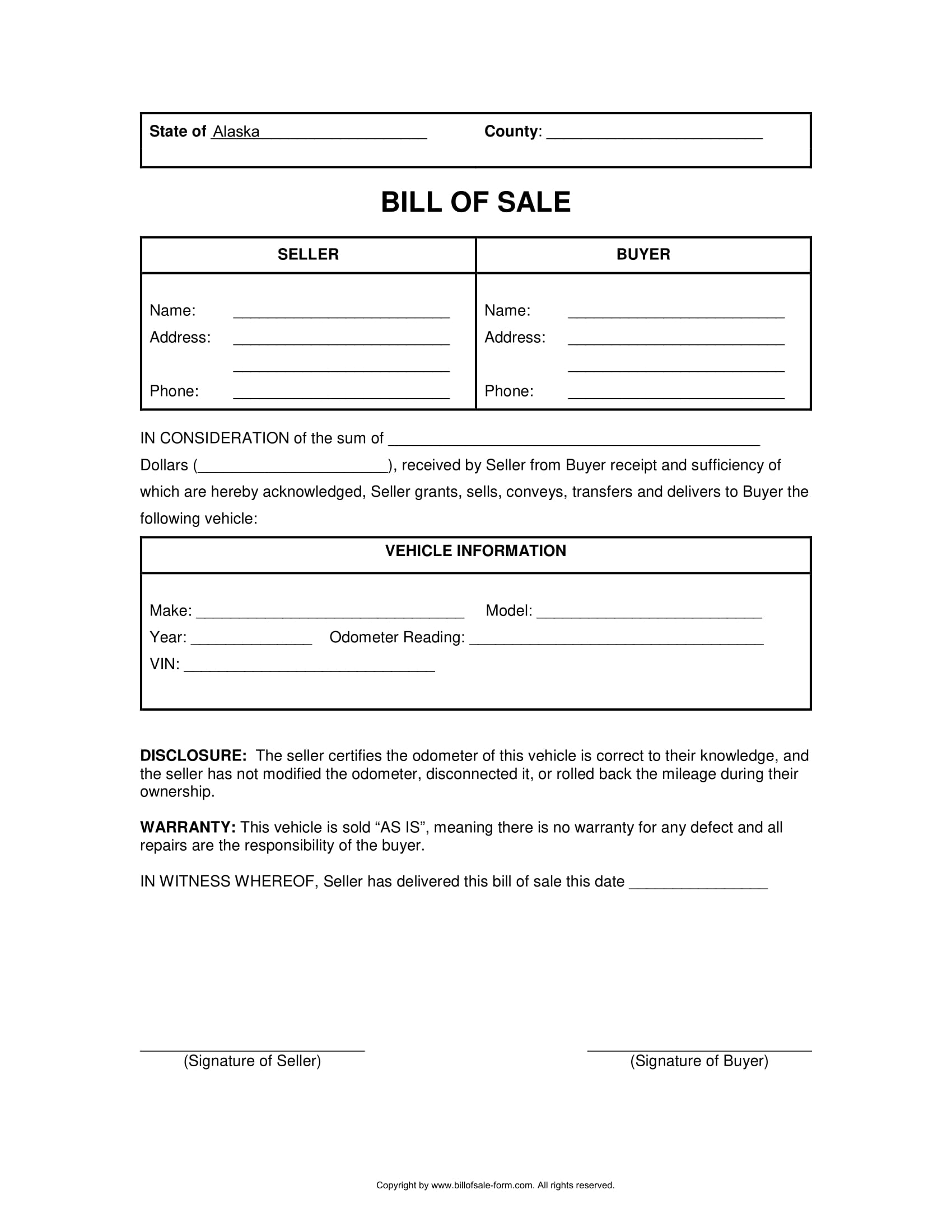 printable vehicle bill of sale form