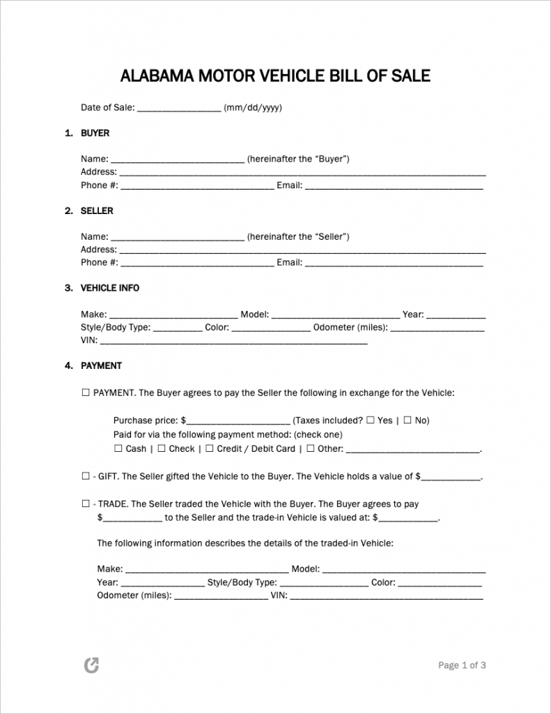 printable vehicle bill of sale form