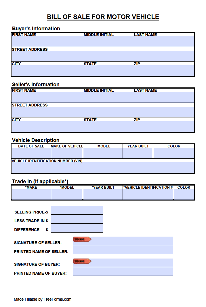 printable vehicle bill of sale form