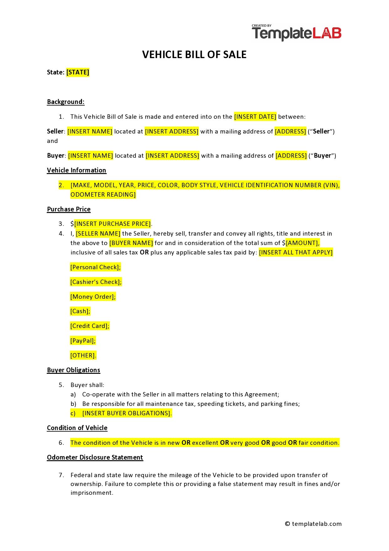 printable vehicle bill of sale form
