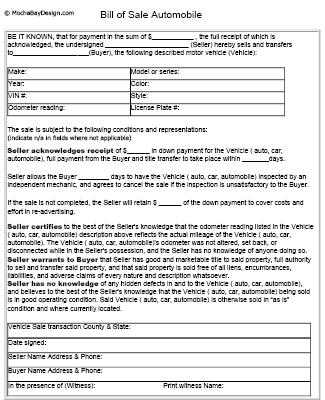 printable vehicle bill of sale form