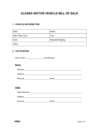 Free Alaska Motor Vehicle Bill of Sale Form | PDF | Word