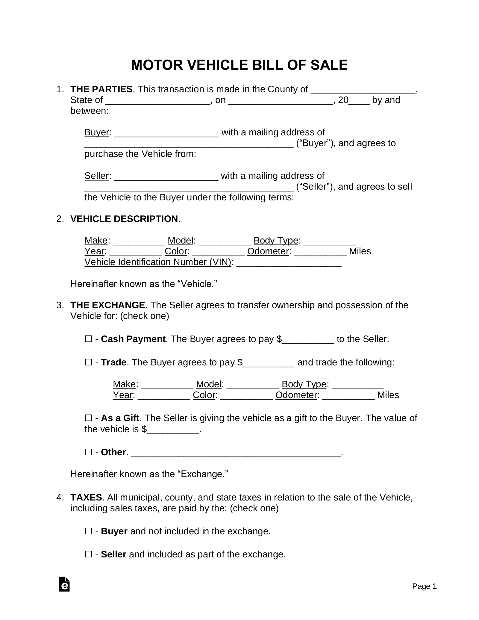Free Motor Vehicle (DMV) Bill of Sale Form - PDF | Word - eForms