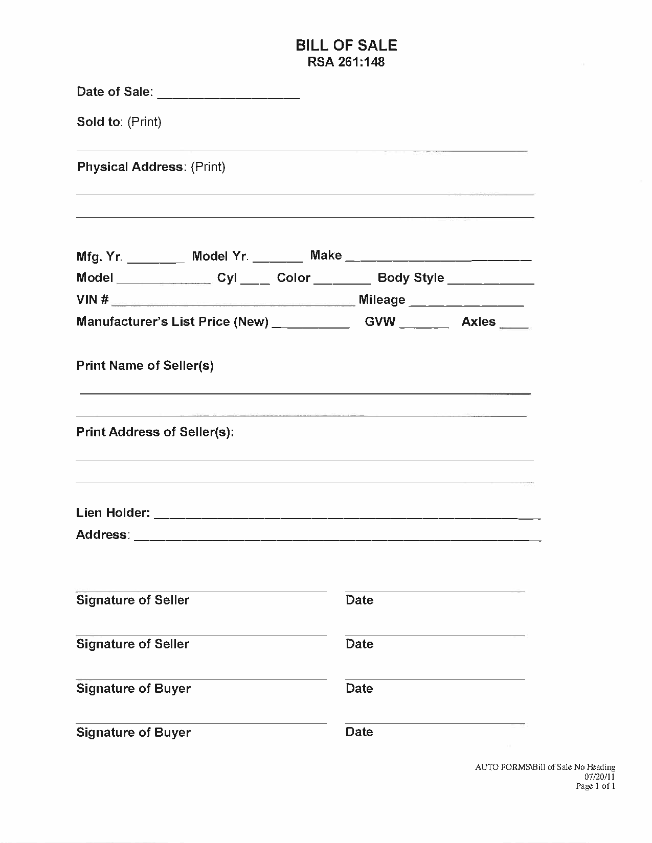printable vehicle bill of sale sold as is