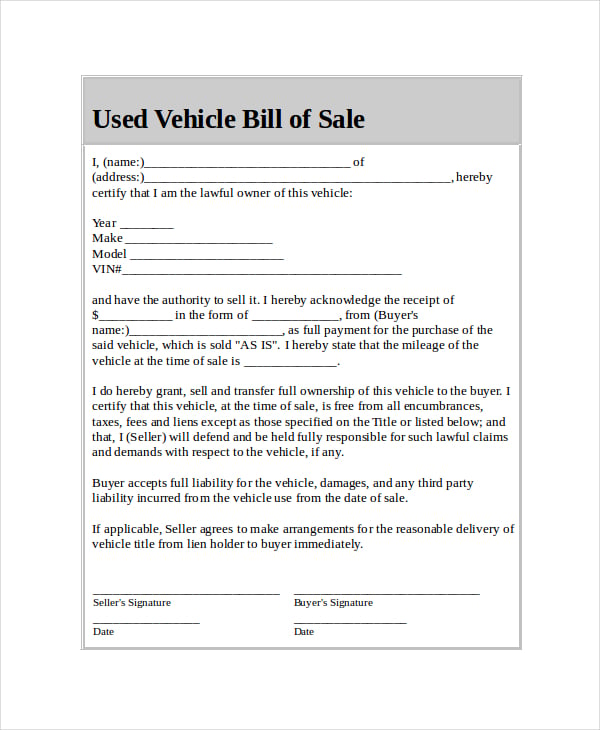 printable vehicle bill of sale sold as is