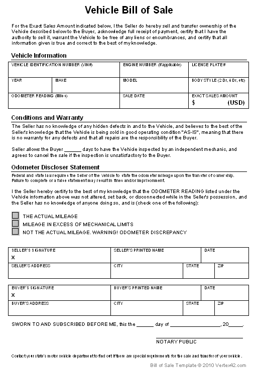 printable vehicle bill of sale sold as is
