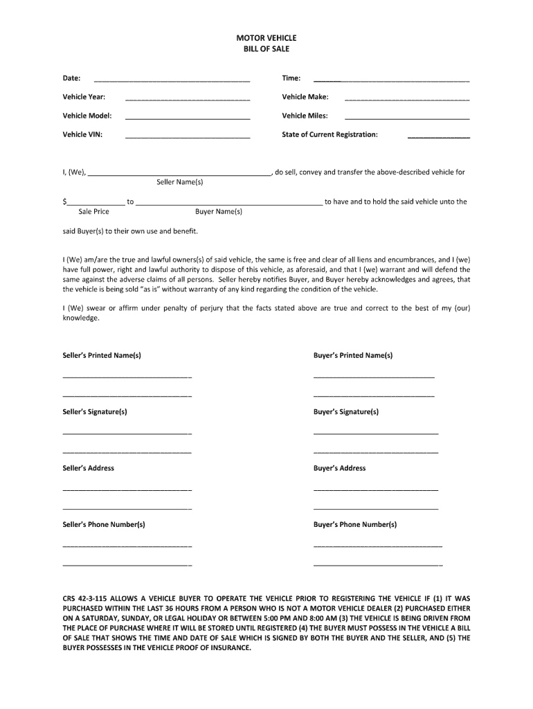 printable vehicle bill of sale sold as is