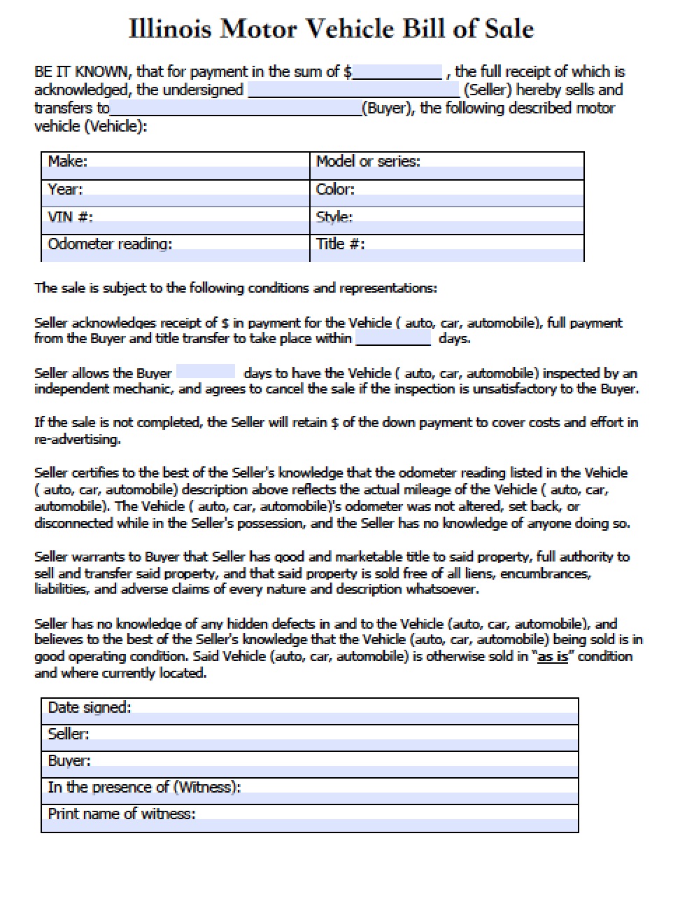 printable vehicle bill of sale sold as is