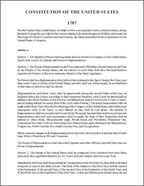 United States Constitution Complete Text PDF | Student Handouts