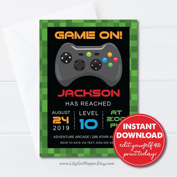 Editable Video Game Birthday Party Invitation, Game On, Xbox ...