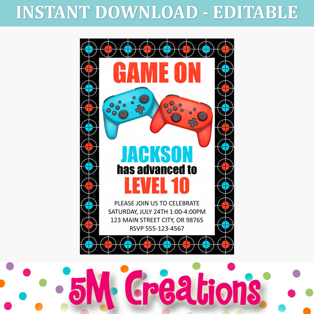 Video Game Birthday Party Invitation - Editable Printable Digital File