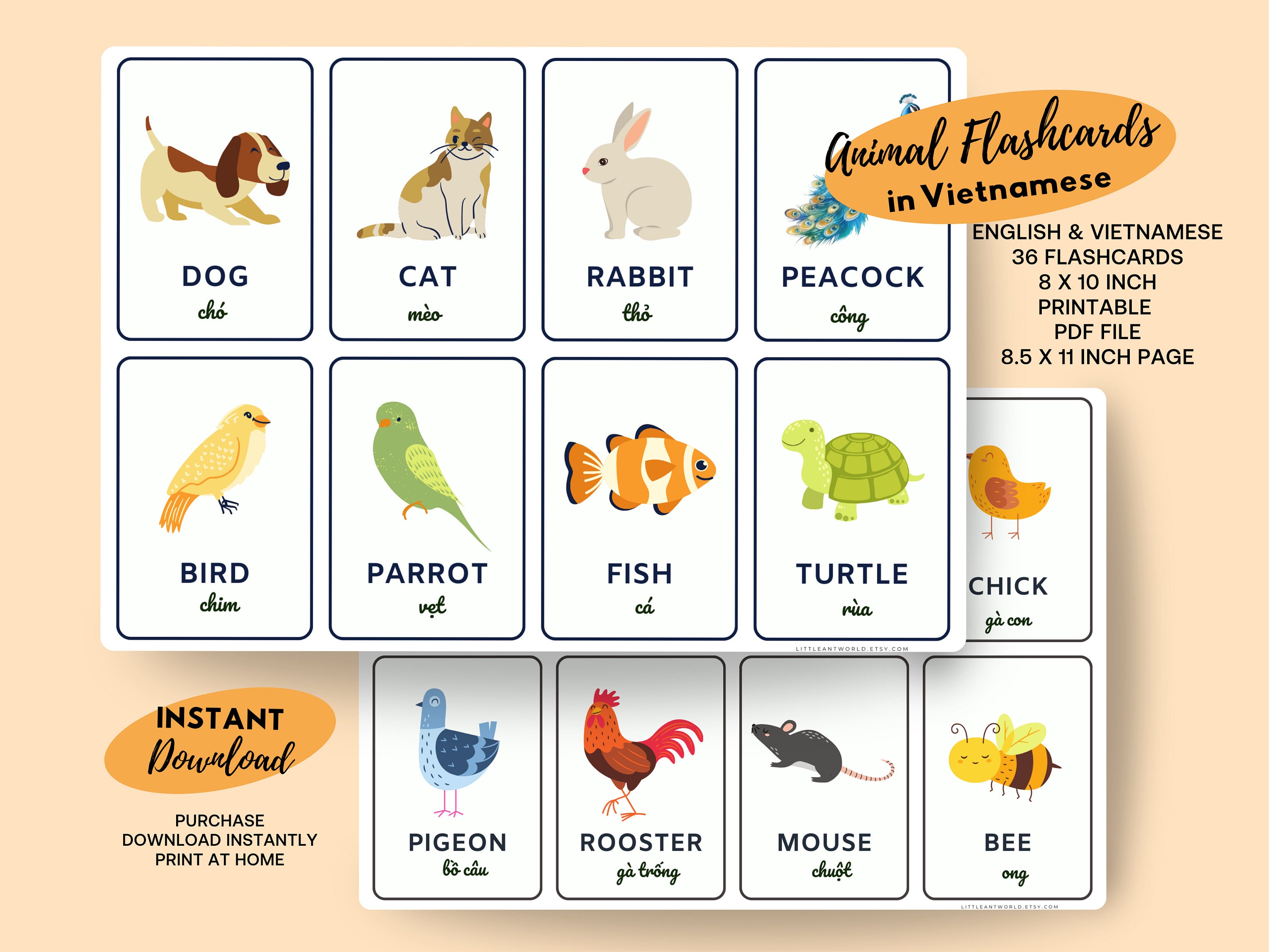 72 Animal Flash Cards in English & Vietnamese Homeschool Montessori