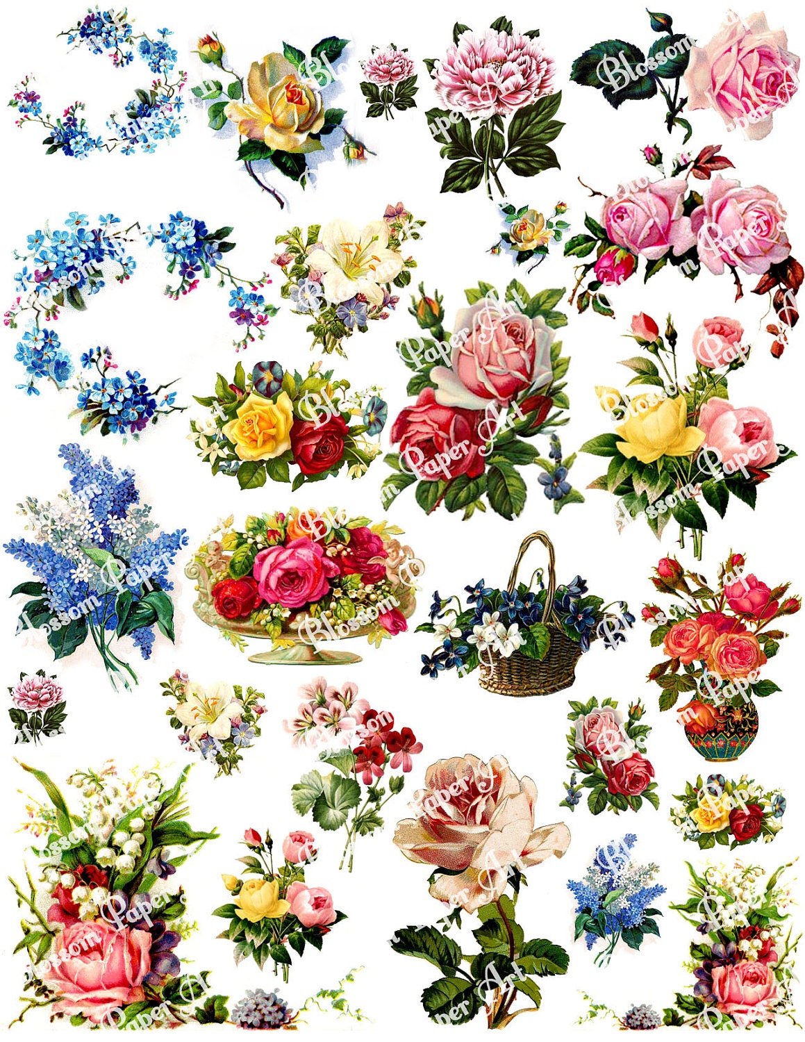 Vintage Flowers Digital Collage Sheet, Printable Floral Collage ...
