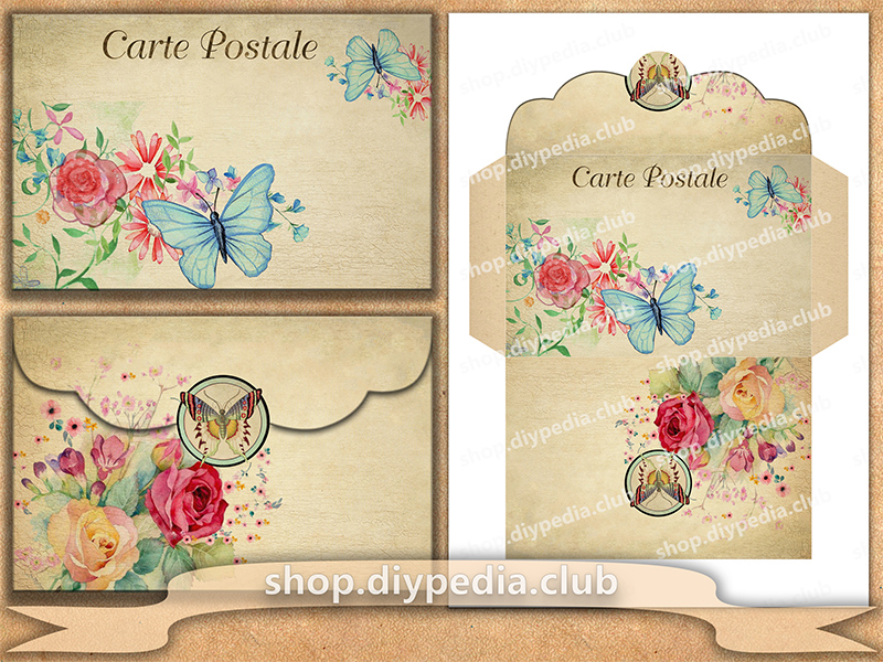 2 Vintage Butterflies and Flowers Printable Envelope Templates ...