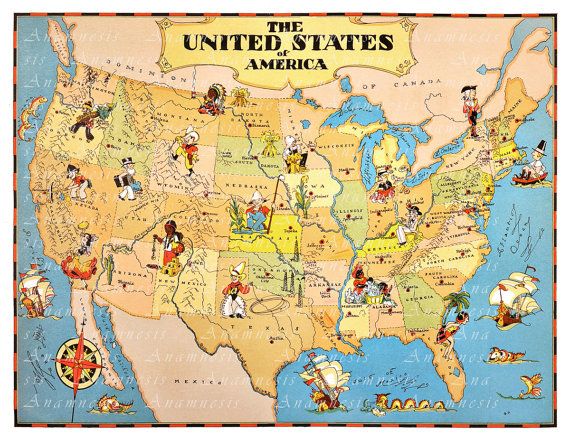 UNITED STATES Map Print Digital Download - vintage U.S. picture ...
