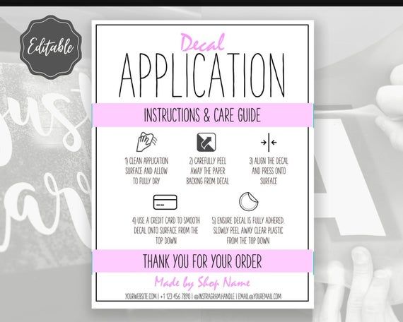 EDITABLE Vinyl Decal Care Card Instructions, Printable Decal ...