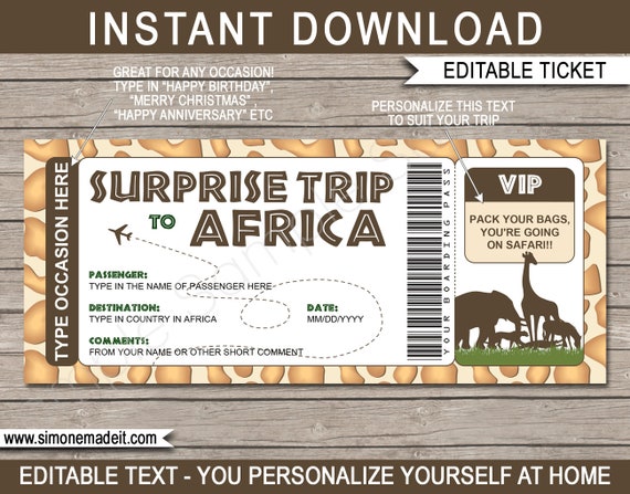 Printable Africa Plane Ticket Boarding Pass Template Surprise Trip ...