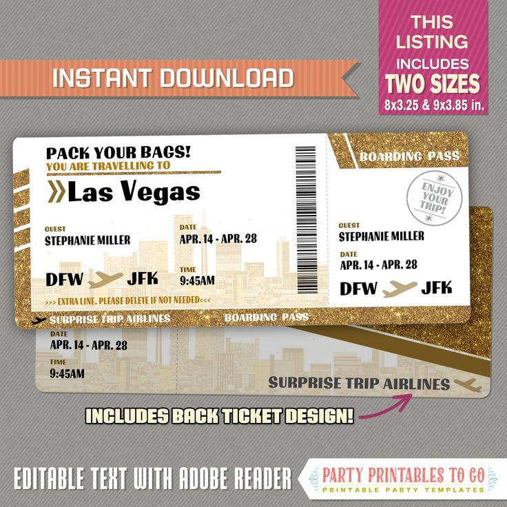 Editable Airplane Boarding Pass (Gold Glitter - Las Vegas) Surprise ...