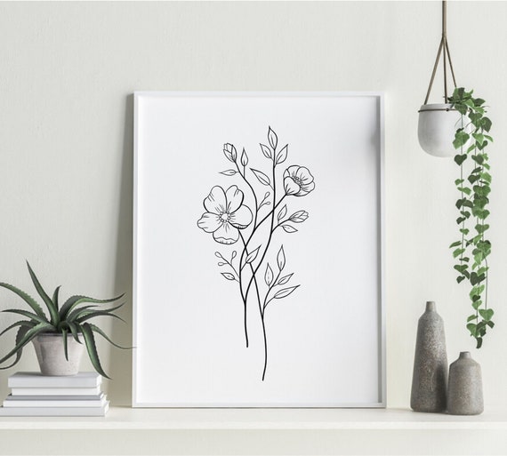 Flowers Line Art Print Floral Art Wall Decor Botanical Fine Line ...