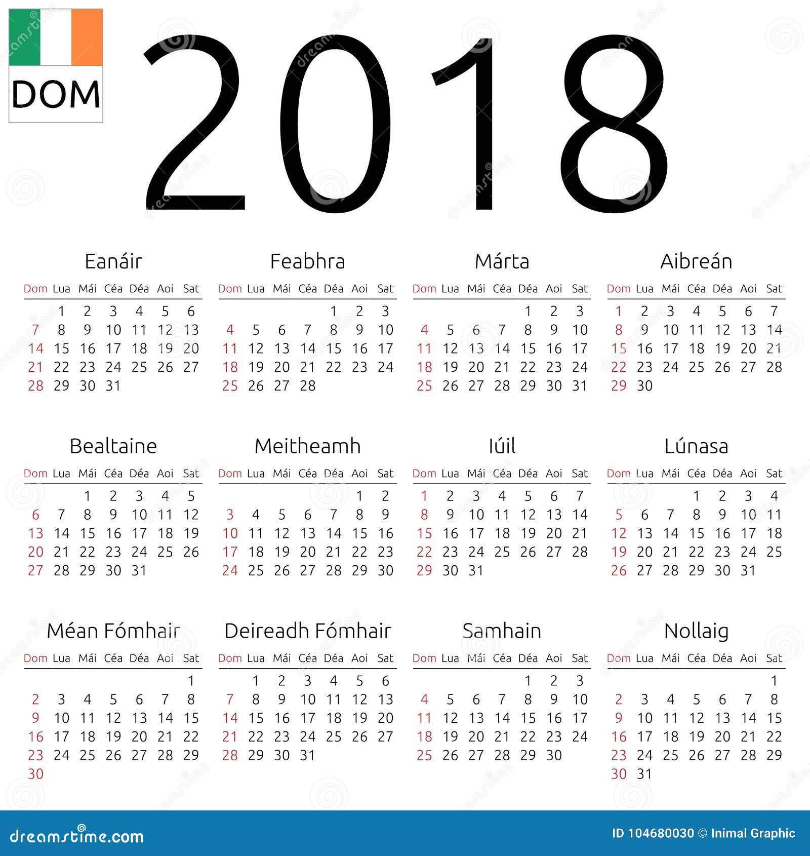 Calendar 2018, Irish, Sunday Stock Vector - Illustration of ...