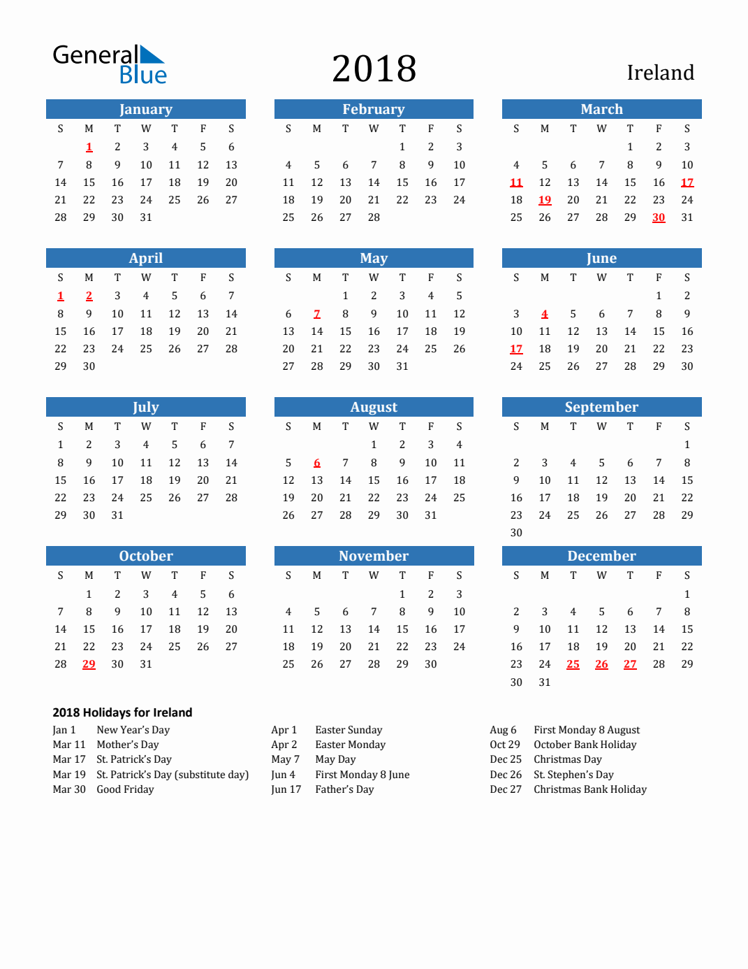 2018 Ireland Calendar with Holidays