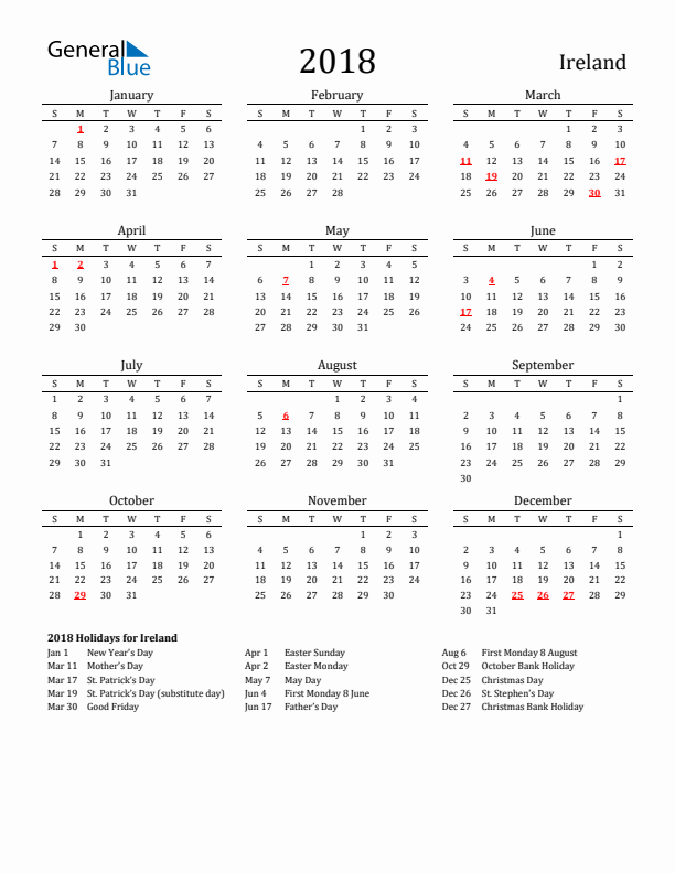 2018 Ireland Calendar with Holidays