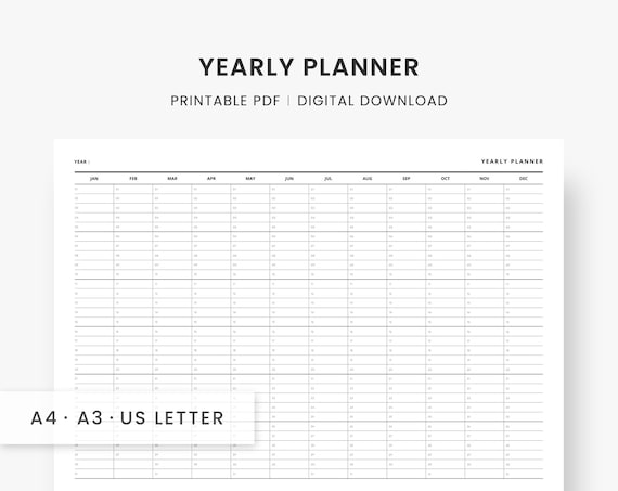 Yearly Planner Printable, Year at a Glance, Desk and Wall Calendar ...