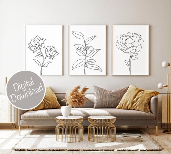 Minimalist Wall Art, Flower Line Art Prints Set of 3, PRINTABLE ...
