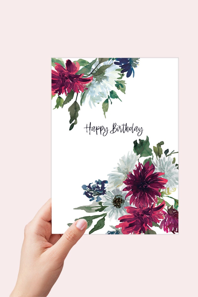 Floral Birthday Card Printable, Red White and Blue Watercolor ...
