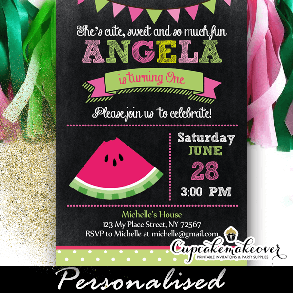Watermelon Chalkboard Birthday Party Invitation - Personalized ...