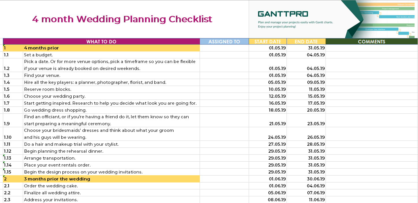 4 month wedding planning checklist | Excel Template | Free Download