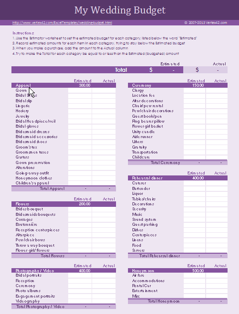 Free Wedding Budget Worksheet for Excel
