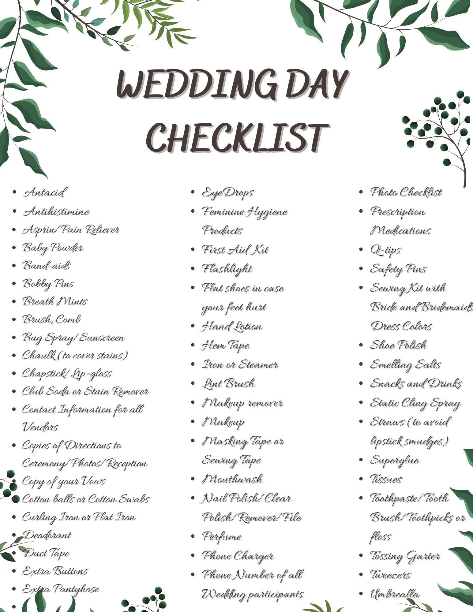 Wedding Day Checklist Printable Download   New Zealand
