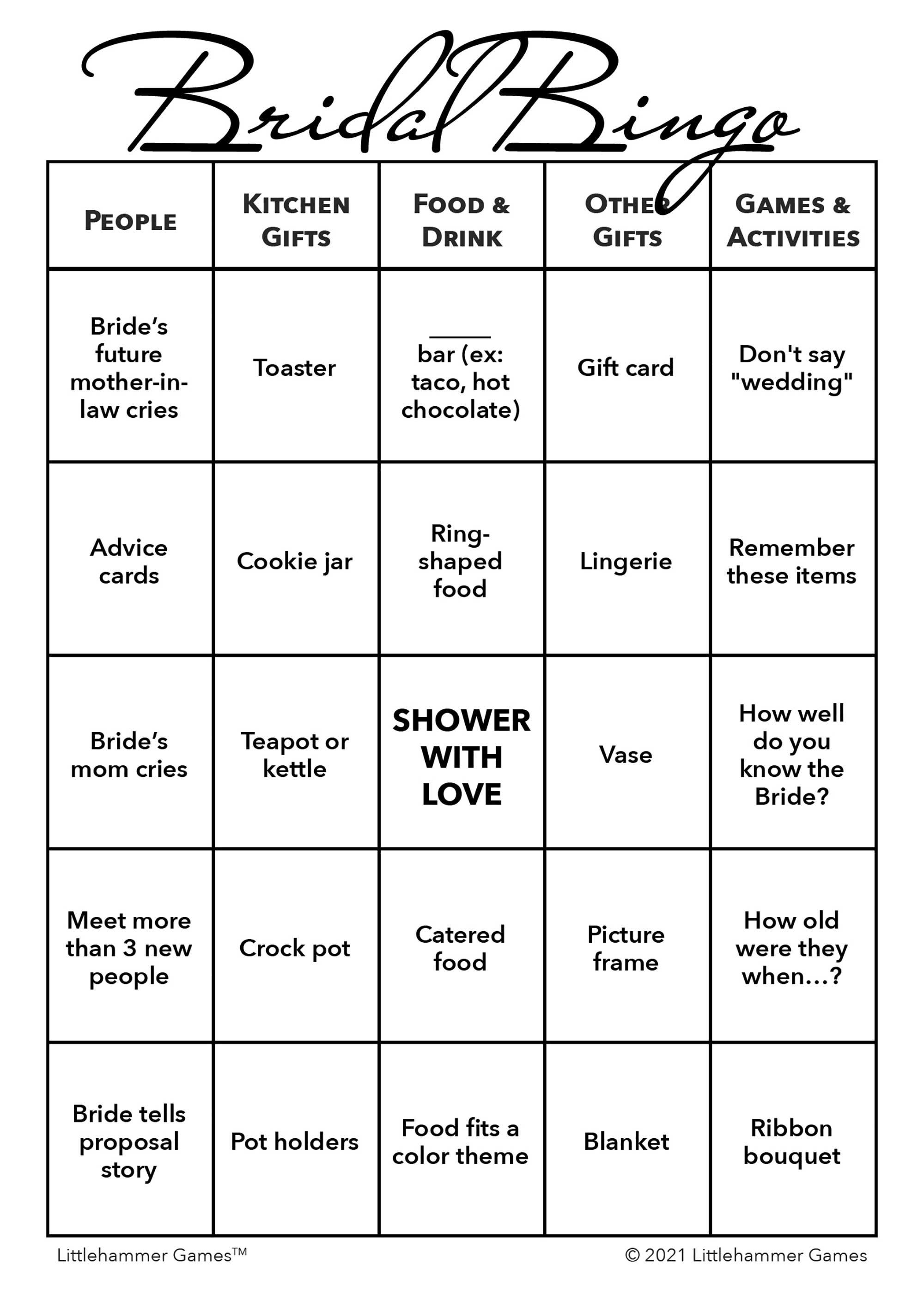 printable wedding gift bingo cards