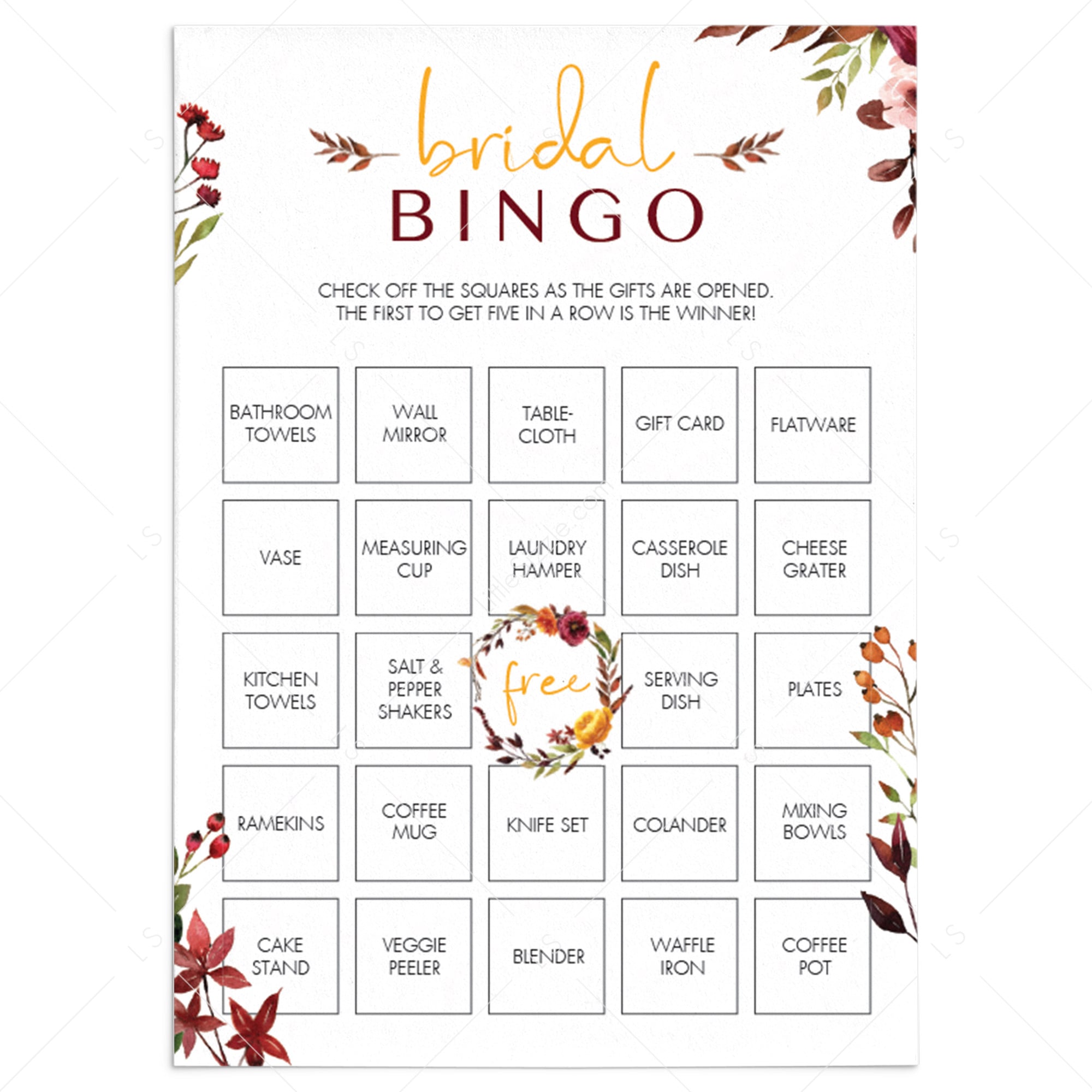 Complete Bridal Shower Bingo Game Fall Theme | Blank, Prefilled and  Editable cards
