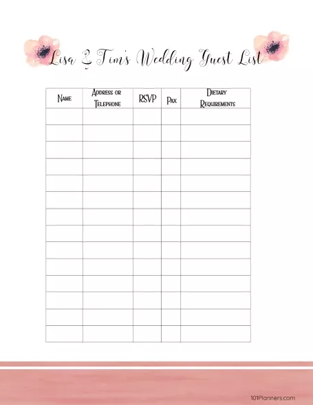 printable wedding guest list organizer