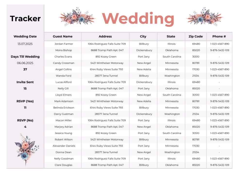 printable wedding guest list organizer