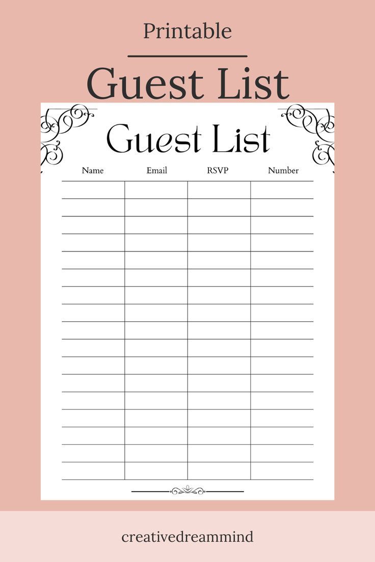 Wedding Guest List, Bridal Shower, Guest Book List, Printable ...