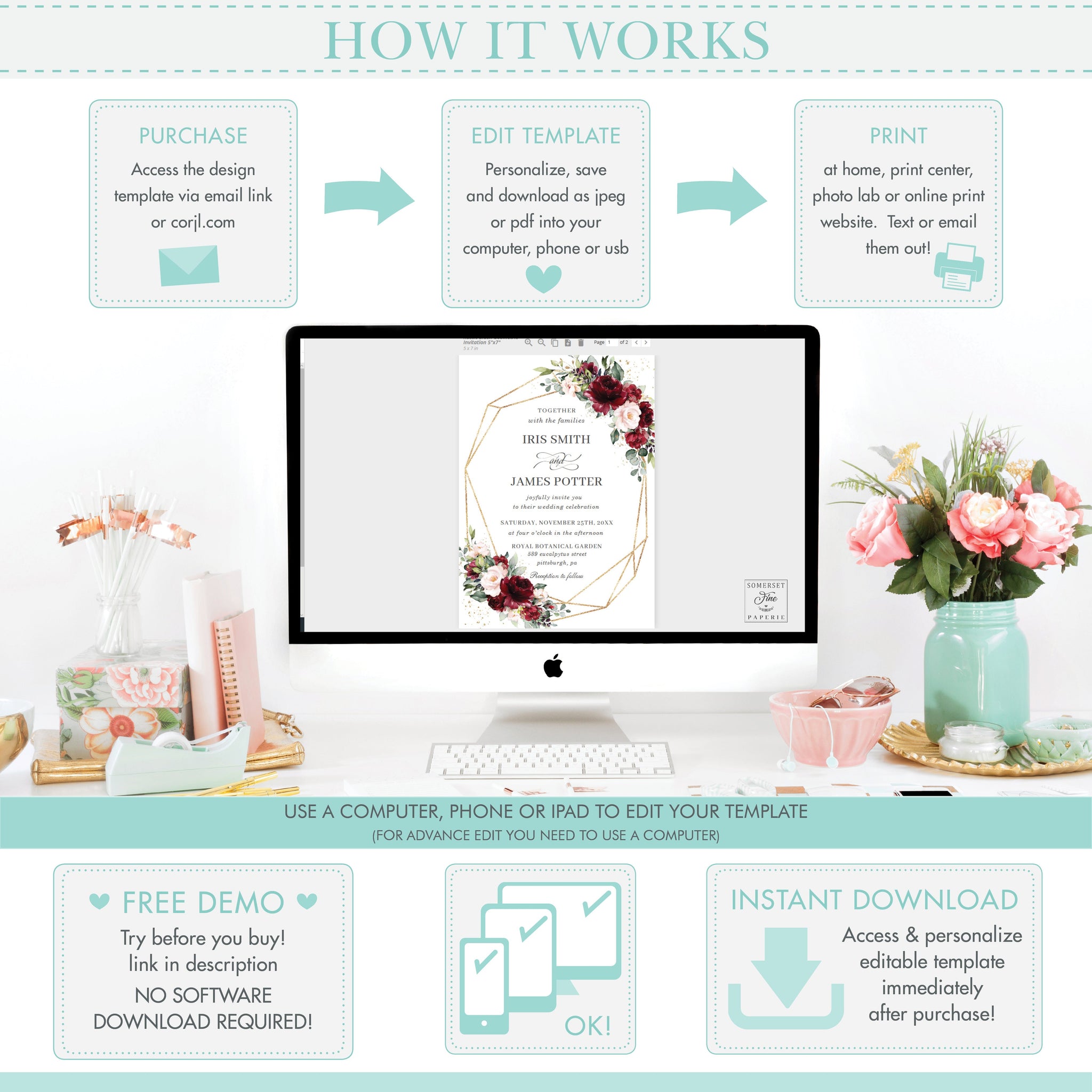 Chic Burgundy Blush Pink Floral Roses Wedding Invitation ...