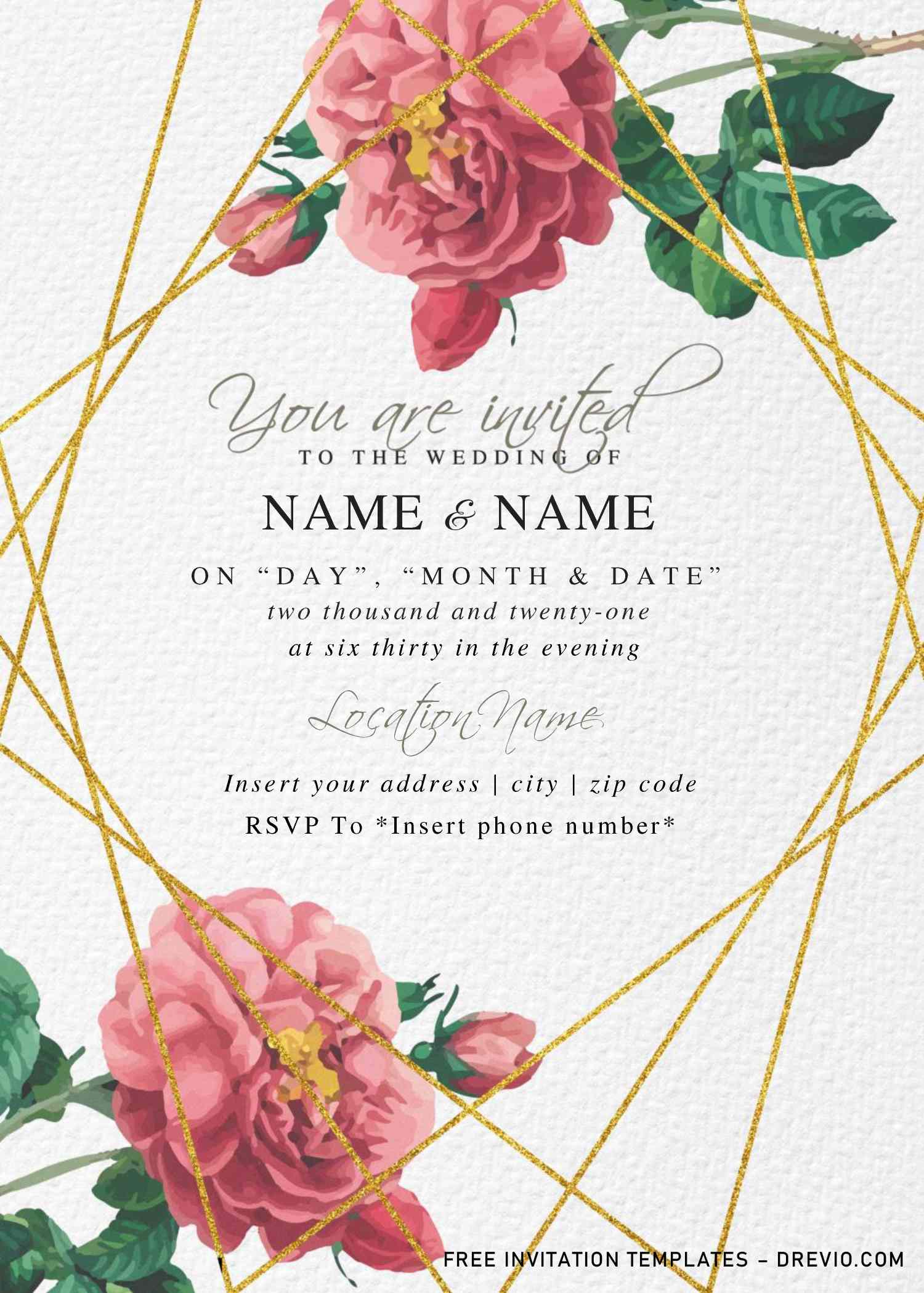 Free Greenery Floral Sparkling Gold Geometric Wedding Invitation ...