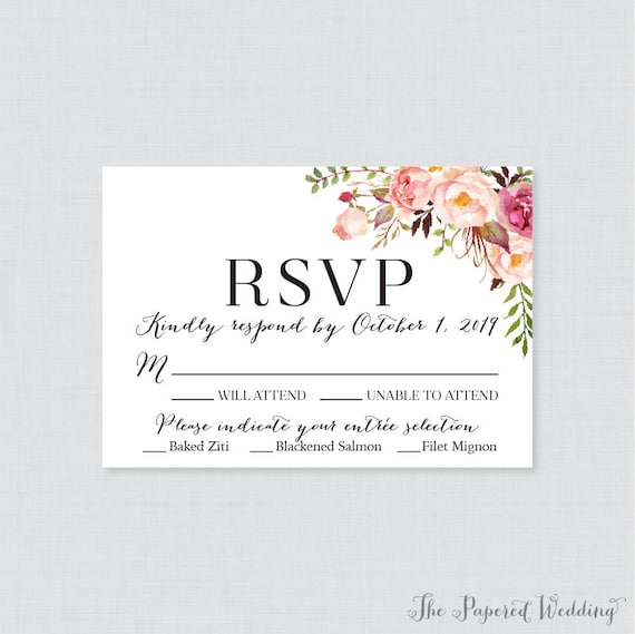 Printable OR Printed Wedding RSVP Cards Pink Floral RSVP Wedding ...