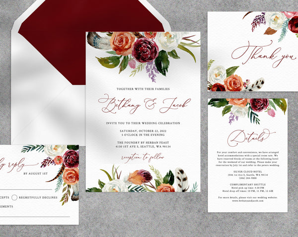 Boho Wedding Invitation Template, Printable Wedding Invitation ...