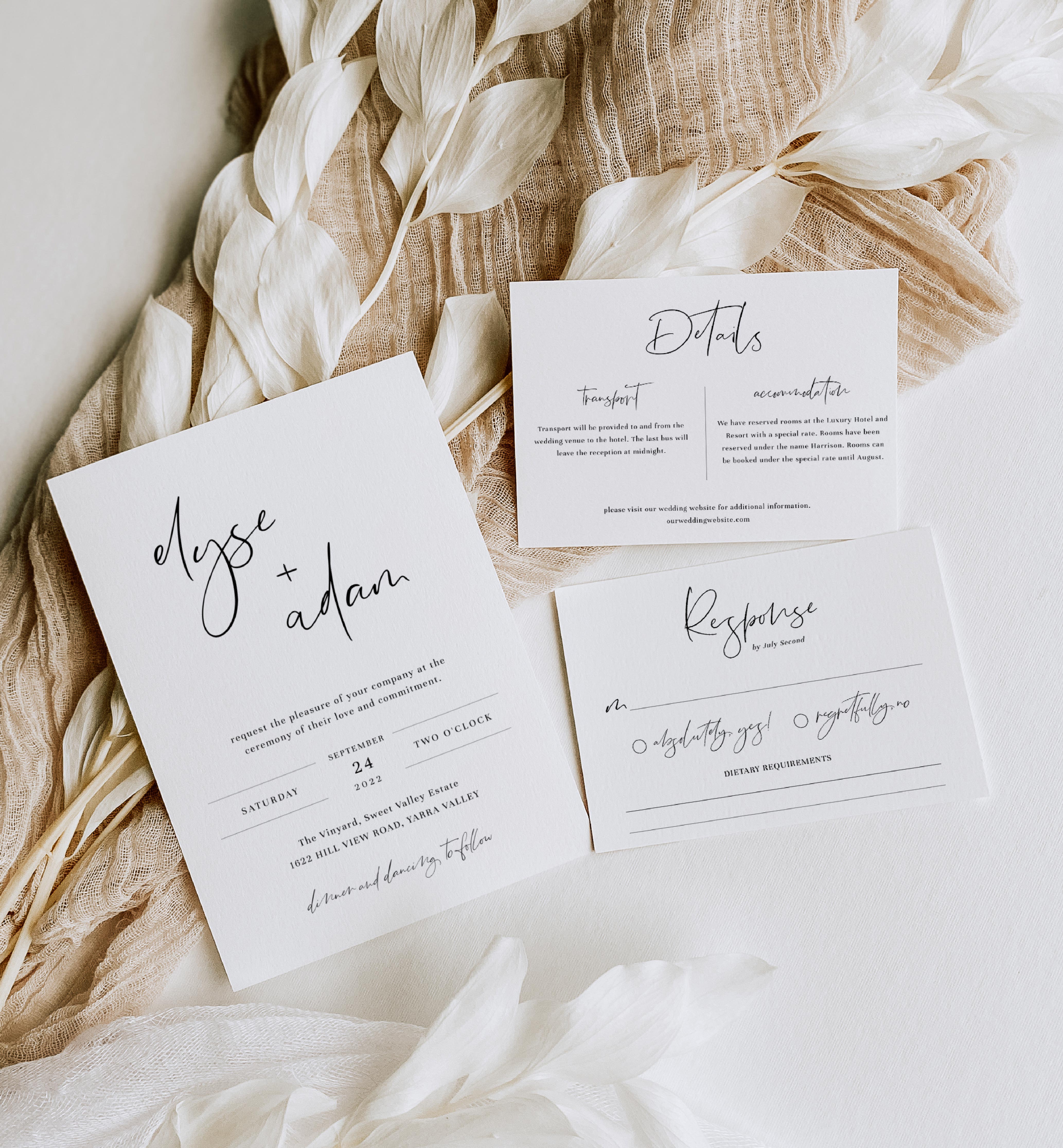 Gigi Script Minimalist Printable Wedding Invitation Suite - Black ...