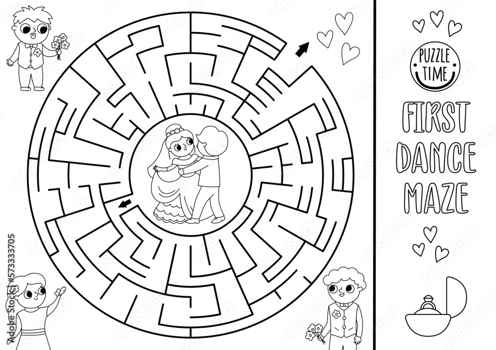 Wedding black and white maze for kids with dancing bride and groom ...
