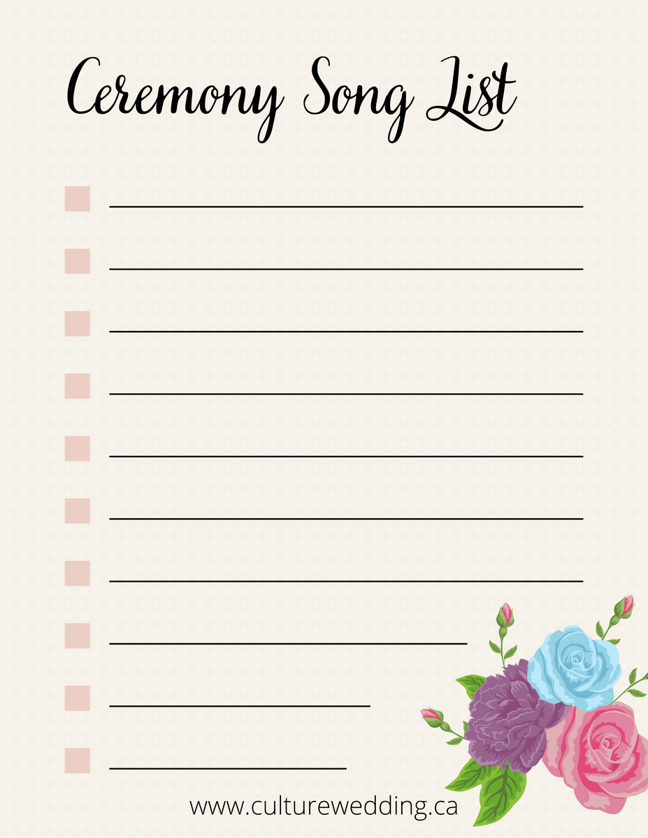 Wedding Song Checklist For Song Organizations {10 pages} - Culture ...