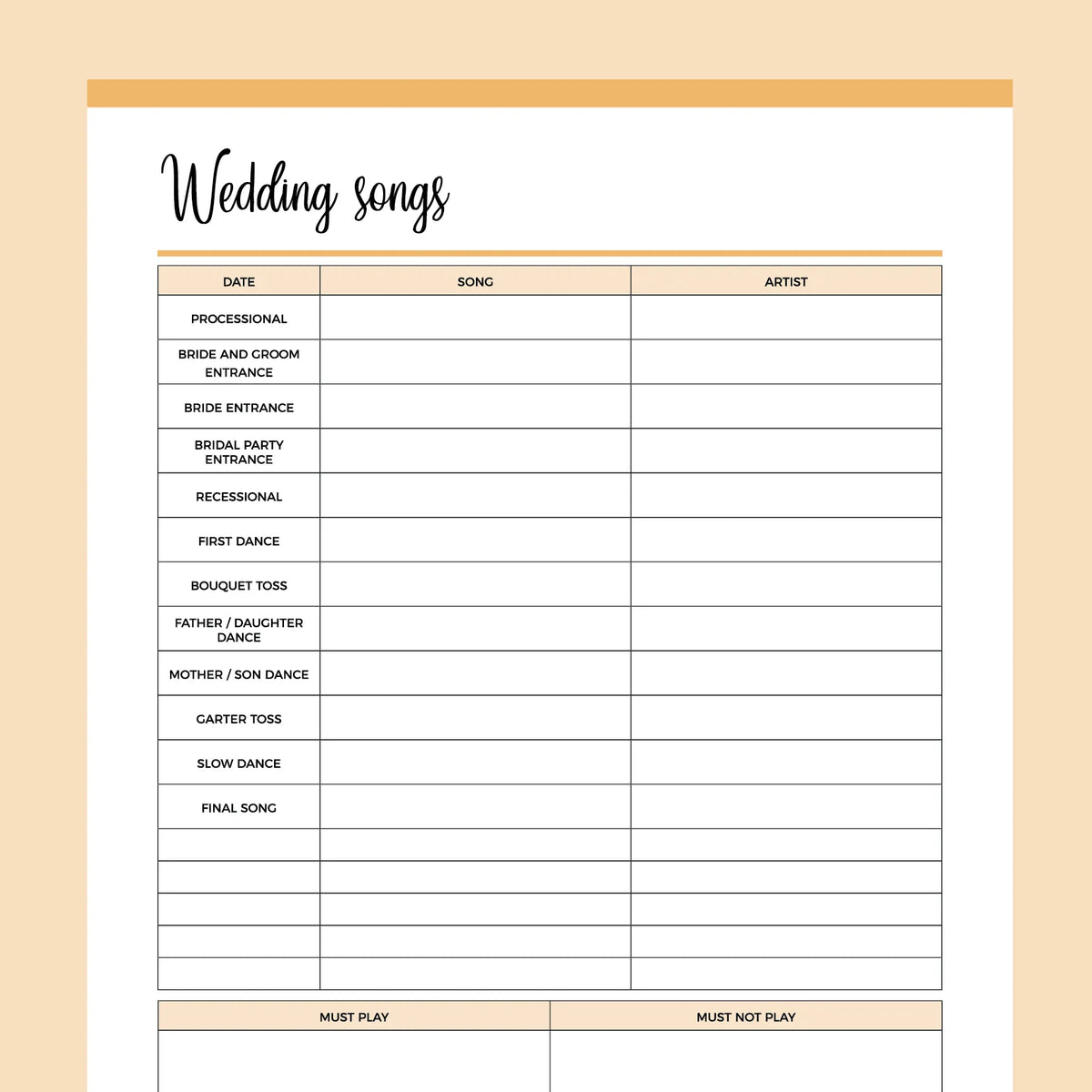 Printable Wedding Song Planner | Instant download PDF | A4 &  US Letter