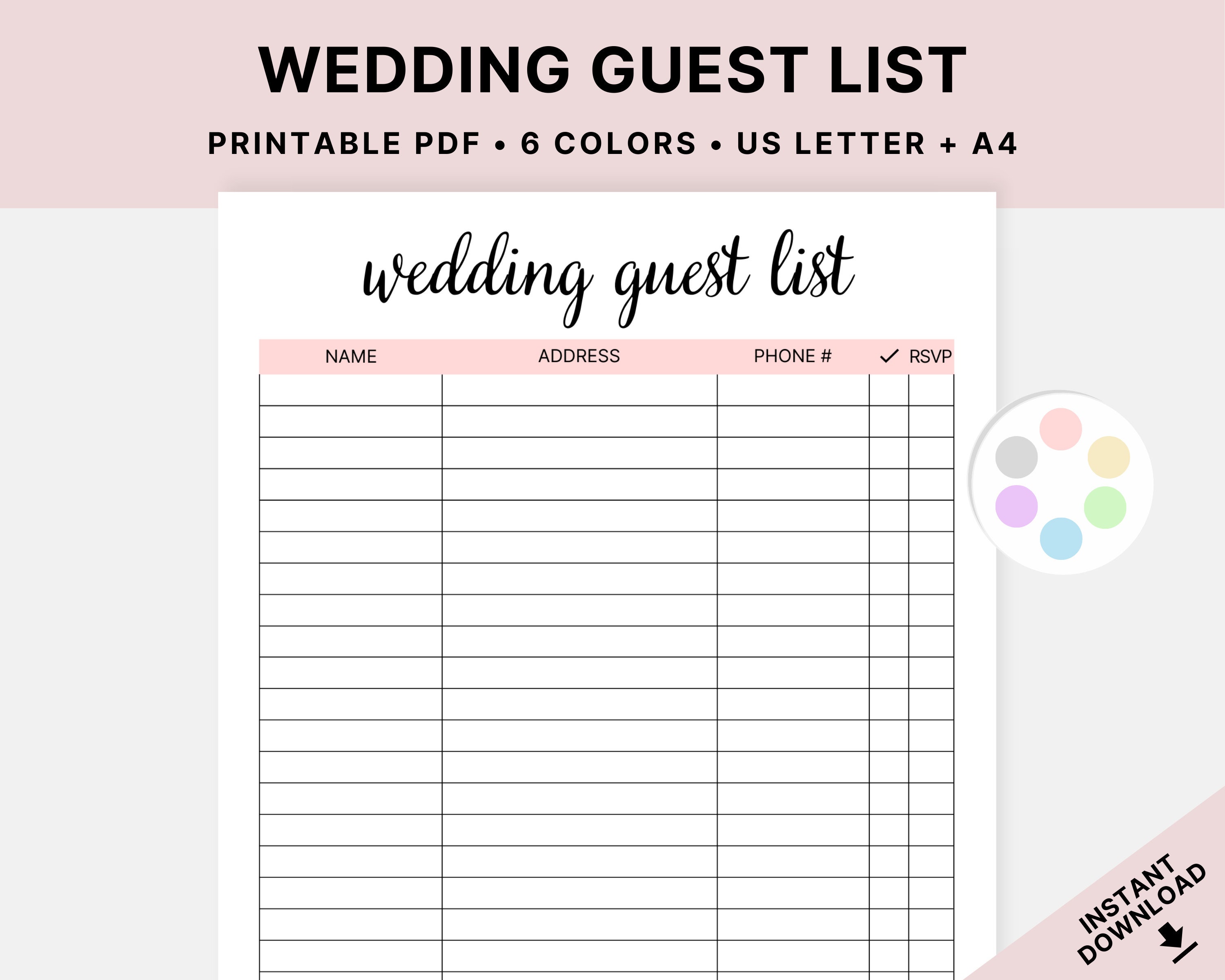 Printable Wedding Guest List, Wedding Planner, Event Planning ...